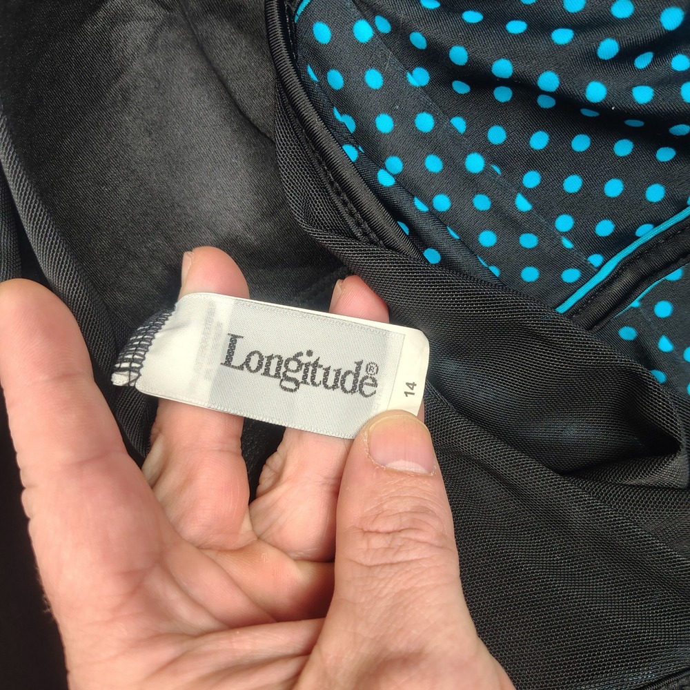 Longitude Swimdress Women 14 Black Blue Polka Dot Tummy Control Nylon Spandex - Picture 3 of 9